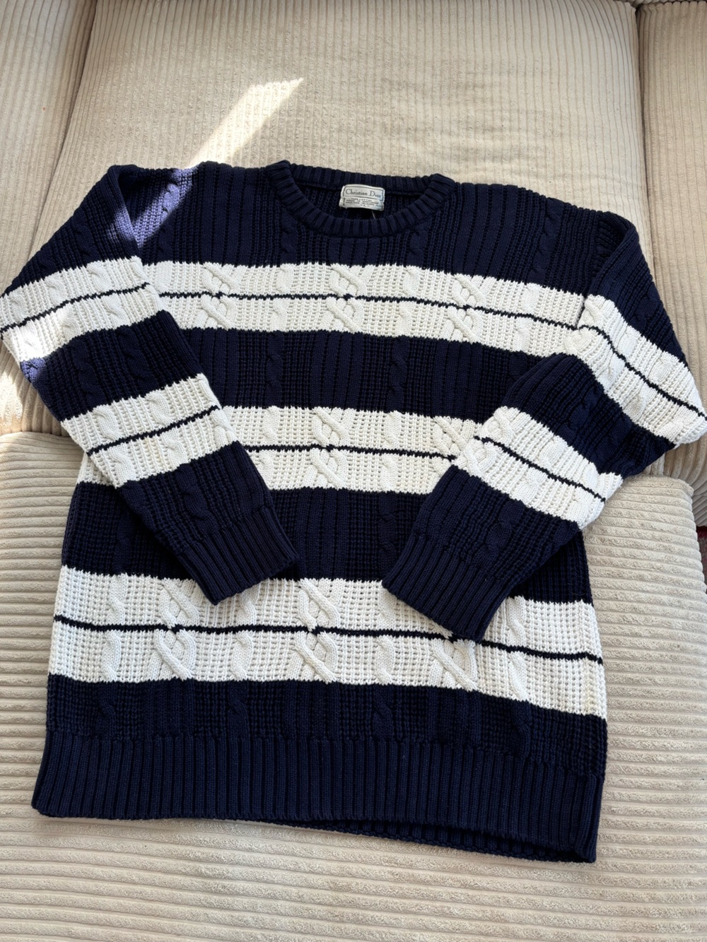Christian Dior Monsieur Vintage Striped Cable Knit Sweater Men’s L Navy White